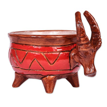 Load image into Gallery viewer, Painted Bull-Themed Red and Brown Ceramic Decorative Bowl - Fire Horns | NOVICA