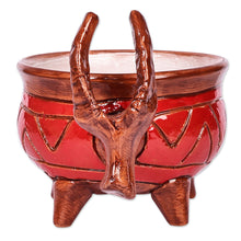 Load image into Gallery viewer, Painted Bull-Themed Red and Brown Ceramic Decorative Bowl - Fire Horns | NOVICA
