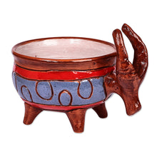 Load image into Gallery viewer, Painted Bull-Themed Brown and Blue Ceramic Decorative Bowl - Serene Horns | NOVICA