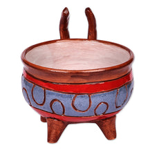 Load image into Gallery viewer, Painted Bull-Themed Brown and Blue Ceramic Decorative Bowl - Serene Horns | NOVICA
