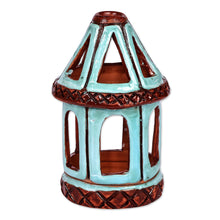 Load image into Gallery viewer, Handcrafted Traditional Blue and Brown Ceramic Candleholder - Serene Beacon | NOVICA