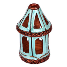Load image into Gallery viewer, Handcrafted Traditional Blue and Brown Ceramic Candleholder - Serene Beacon | NOVICA