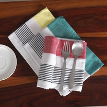 Load image into Gallery viewer, Set of 3 Teal, Red and Yellow Striped Cotton Dish Towels - Stripes of Elegance | NOVICA