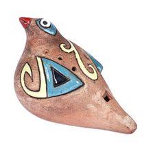 Load image into Gallery viewer, Hand-Painted Bird-Shaped Ceramic Ocarina in Teal and Yellow - Heaven's Shvi Bird | NOVICA