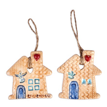 Load image into Gallery viewer, Pair of Hand-Painted House-Shaped Glazed Ceramic Ornaments - Christmas Homecoming | NOVICA