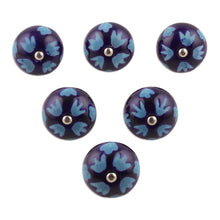 Load image into Gallery viewer, Set of Six Hand-Painted Leafy Round Blue Ceramic Knobs - Midnight Foliage | NOVICA