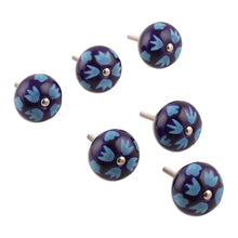 Load image into Gallery viewer, Set of Six Hand-Painted Leafy Round Blue Ceramic Knobs - Midnight Foliage | NOVICA