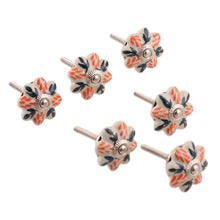 Load image into Gallery viewer, Set of Six Hand-Painted Leafy Flower-Shaped Ceramic Knobs - Flower Sunshine | NOVICA
