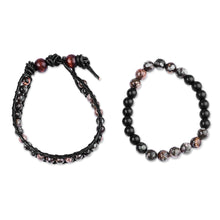 Load image into Gallery viewer, Men's Black Leather and Dark Agate Bracelets (Set of 2) - Shadow Energies | NOVICA