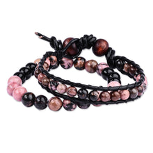 Load image into Gallery viewer, Black Leather and Natural Rhodonite Bracelets (Set of 2) - Compassionate Energies | NOVICA