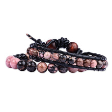 Load image into Gallery viewer, Black Leather and Natural Rhodonite Bracelets (Set of 2) - Compassionate Energies | NOVICA