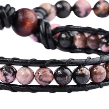 Load image into Gallery viewer, Black Leather and Natural Rhodonite Bracelets (Set of 2) - Compassionate Energies | NOVICA