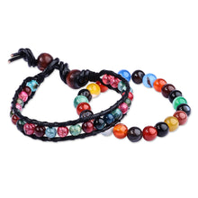 Load image into Gallery viewer, Black Leather and Natural Agate Bracelets (Set of 2) - Harmonious Energies | NOVICA
