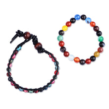 Load image into Gallery viewer, Black Leather and Natural Agate Bracelets (Set of 2) - Harmonious Energies | NOVICA
