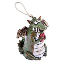 Load image into Gallery viewer, Handcrafted and Painted Green Dragon Ceramic Bell Ornament - Dragon Love | NOVICA