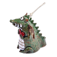 Load image into Gallery viewer, Handcrafted and Painted Green Dragon Ceramic Bell Ornament - Dragon Love | NOVICA