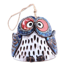 Load image into Gallery viewer, Handcrafted and Painted Blue Owl Ceramic Bell Ornament - Curious Owl | NOVICA