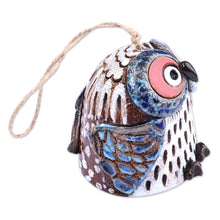 Load image into Gallery viewer, Handcrafted and Painted Blue Owl Ceramic Bell Ornament - Curious Owl | NOVICA