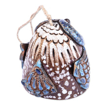 Load image into Gallery viewer, Handcrafted and Painted Blue Owl Ceramic Bell Ornament - Curious Owl | NOVICA