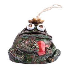Load image into Gallery viewer, Handcrafted and Painted Frog and Heart Ceramic Bell Ornament - Love-Struck Frog | NOVICA