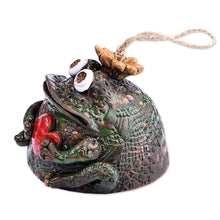Load image into Gallery viewer, Handcrafted and Painted Frog and Heart Ceramic Bell Ornament - Love-Struck Frog | NOVICA