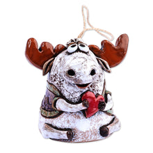 Load image into Gallery viewer, Handcrafted and Painted Moose & Heart Ceramic Bell Ornament - Love-Struck Moose | NOVICA