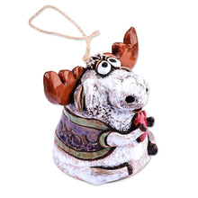 Load image into Gallery viewer, Handcrafted and Painted Moose & Heart Ceramic Bell Ornament - Love-Struck Moose | NOVICA