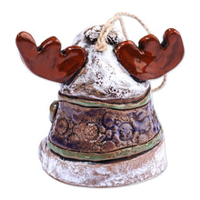 Load image into Gallery viewer, Handcrafted and Painted Moose & Heart Ceramic Bell Ornament - Love-Struck Moose | NOVICA