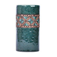 Load image into Gallery viewer, Mosaic-Inspired Green and Aqua Cylinder Ceramic Vase - Armenian Pillar | NOVICA