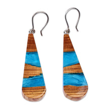 Load image into Gallery viewer, Drop-Shaped Apricot Wood Blue Resin Dangle Earrings - Oceanic Dimension | NOVICA