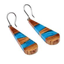 Load image into Gallery viewer, Drop-Shaped Apricot Wood Blue Resin Dangle Earrings - Oceanic Dimension | NOVICA