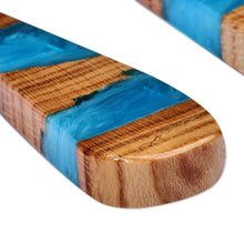Load image into Gallery viewer, Drop-Shaped Apricot Wood Blue Resin Dangle Earrings - Oceanic Dimension | NOVICA