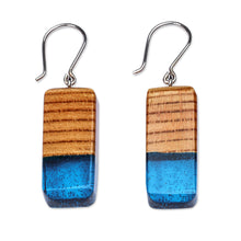 Load image into Gallery viewer, Geometric Apricot Wood and Blue Resin Dangle Earrings - Azure Totem | NOVICA