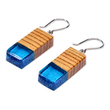 Load image into Gallery viewer, Geometric Apricot Wood and Blue Resin Dangle Earrings - Azure Totem | NOVICA
