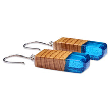 Load image into Gallery viewer, Geometric Apricot Wood and Blue Resin Dangle Earrings - Azure Totem | NOVICA