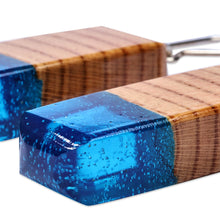 Load image into Gallery viewer, Geometric Apricot Wood and Blue Resin Dangle Earrings - Azure Totem | NOVICA