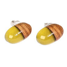 Load image into Gallery viewer, Apricot Wood and Yellow Resin Oval Button Earrings - Golden Woods | NOVICA