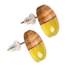 Load image into Gallery viewer, Apricot Wood and Yellow Resin Oval Button Earrings - Golden Woods | NOVICA