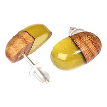 Load image into Gallery viewer, Apricot Wood and Yellow Resin Oval Button Earrings - Golden Woods | NOVICA