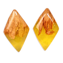 Load image into Gallery viewer, Diamond-Shaped Apricot Wood and Yellow Resin Button Earrings - Jewels From the Sun | NOVICA