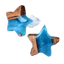 Load image into Gallery viewer, Star-Shaped Blue and Brown Walnut Wood Resin Stud Earrings - Sky Starlight | NOVICA