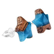 Load image into Gallery viewer, Star-Shaped Blue and Brown Walnut Wood Resin Stud Earrings - Sky Starlight | NOVICA