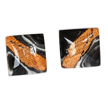 Load image into Gallery viewer, Diamond-Shaped Apricot Wood and Black Resin Button Earrings - Nocturnal Diamond | NOVICA