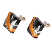 Load image into Gallery viewer, Diamond-Shaped Apricot Wood and Black Resin Button Earrings - Nocturnal Diamond | NOVICA