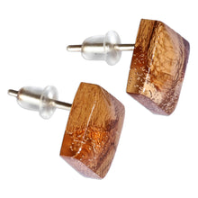 Load image into Gallery viewer, Diamond-Shaped Apricot Wood and Resin Button Earrings - Sylvan Diamond | NOVICA