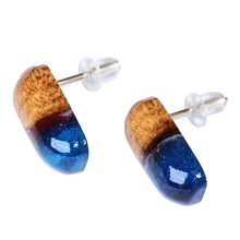 Load image into Gallery viewer, Handmade Blue and Brown Apricot Wood Oblong Button Earrings - Little Spell | NOVICA