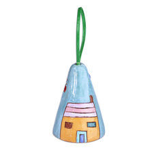 Load image into Gallery viewer, Hand-Painted Blue and Yellow Glazed Ceramic Bell Ornament - Serene Home | NOVICA