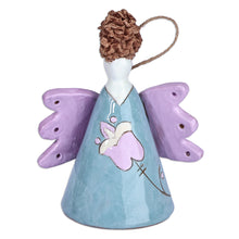 Load image into Gallery viewer, Floral Angel-Themed Blue and Purple Ceramic Bell Ornament - Angelic Flower in Blue | NOVICA