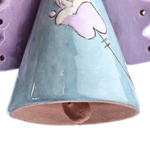 Load image into Gallery viewer, Floral Angel-Themed Blue and Purple Ceramic Bell Ornament - Angelic Flower in Blue | NOVICA
