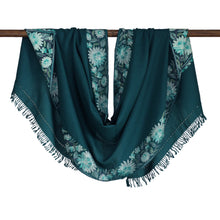 Load image into Gallery viewer, Floral Embroidered Wool and Rayon Shawl in Teal Hues - Teal Glory | NOVICA